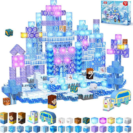 200 PCS Magnetic Blocks with Light Up Blocks - Transparent Magnetic Building Block for Kids Age 3+, Magnet Cubes Blue Castle, Magnets Toys Easter Birthday Gift for Boys Girls 4 5 6 7 8 9 10 11 12+