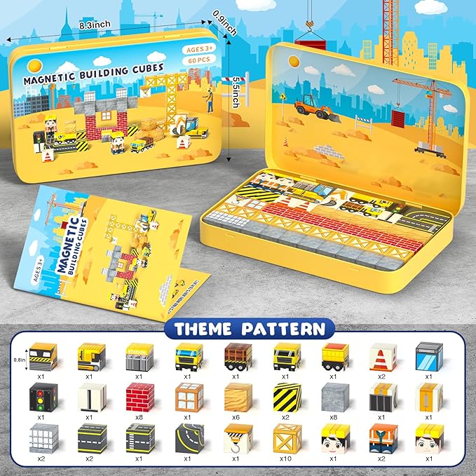 Axirata 60PCS Mini Magnetic Blocks Travel Set for Kids, Mini Magnetic Tiles Building Cubes with Portable Iron Box, STEM Construction Sensory Toy for Toddler Boys Girls Age 3-5 4-8 8-12+