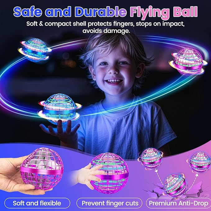 Flying Orb Ball Toy, 2026 Upgrade Hand Controlled Hover Ball with LED Lights,360° Rotating Boomerang Globe Cool Mini Drone, Ideal Birthday&Christmas Gift for Boys Girls-Blue & Purple