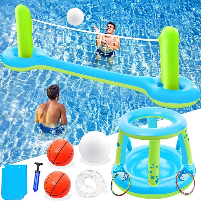 Jasonwell Pool Toys Games Set - 3 in 1 Pool Volleyball Net Basketball Hoop Ring Toss Game Inflatable Floats Water Floating Volleyball Swimming Pools Party Game Gift Kids Teens Adults (Blue&Yellow, L)