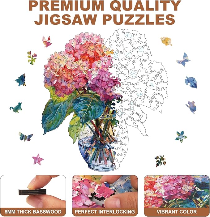 200 Pieces Flowers Wooden Puzzles for Adults, Hydrangea Unique Shaped Wooden Jigsaw Puzzles for Adults, Irregular Adult Wood Puzzle Creative Gift for Family Game 10.23x11.6 in