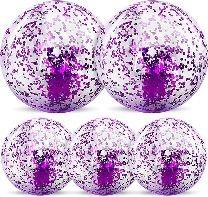 TURNMEON 5 Pack Sequins Beach Ball Jumbo Pool Toys Balls 16 Inch 24 Inch Giant Confetti Glitters Inflatable Clear Beach Ball Swimming Pool Water Beach Toys Outdoor Summer Party Favors for Kids Adults