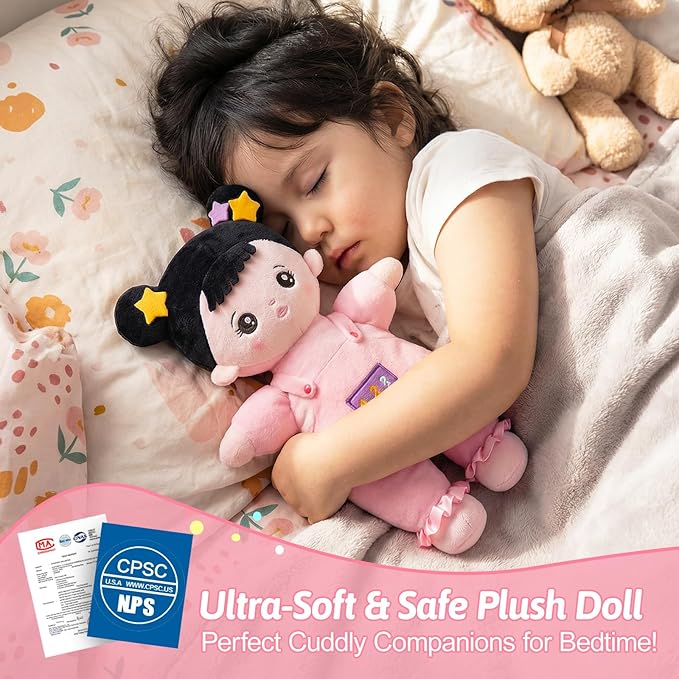 OUOZZZ Soft Baby Doll 10" - Asian Doll First Birthday Toys for 1 Year Old Girl, Ideal 1 Year Old Girl Gifts & Baby Girl Gifts, Snuggle Buddy for Infants Pink Straps Black Hair
