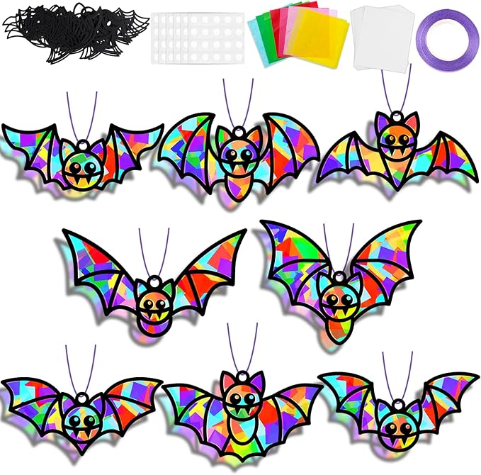 QOUBAI 32 Sets Halloween Bats Suncatchers Craft Kit DIY Window Stained Glass Effect Halloween Bats Paper Crafts Home School Classroom Decoration Kid Birthday Gift Creative Art Project Activity Game