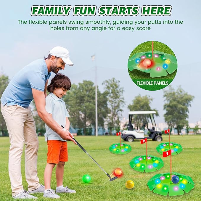 VATOS Light up Golf Putting Game Set - Glow Mini Golf Toy with 4 LED Holes, 4 Balls(2 Glow), Extendable Putter,Build Your Own Course at Home Indoor Outdoor Family Fun Golf Gifts for Kids Adults Golfer