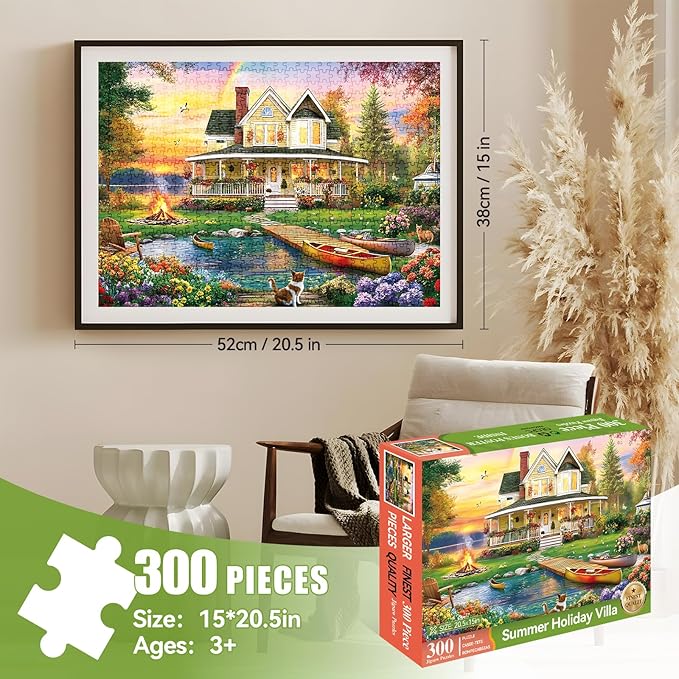 300 Piece Puzzle for Adults, Large Piece Elderly Jigsaw Puzzle, Lakeside Villa with Cat and Garden, Family Kids and Adults Fun Gift, 20.5x15 in