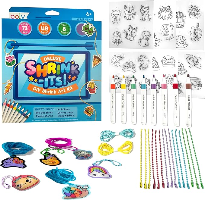 Ooly 74 PC DIY Shrinking Art Kit with 8 Paint Markers, Includes 48 Plastic Pre Cut Charms, 15 Colored Ball Chains and 2 Colored Cords, No Mess Creative Activity Jewelry Making Kit