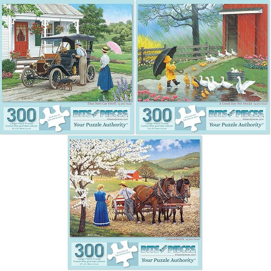 Bits and Pieces Value Set of Three Jigsaw Puzzles for Adults – That New Car Smell • A Good Day for Ducks • Groundwork — Artwork by John Sloane — 18" x 24" Completed (Three 300 Piece Puzzles)