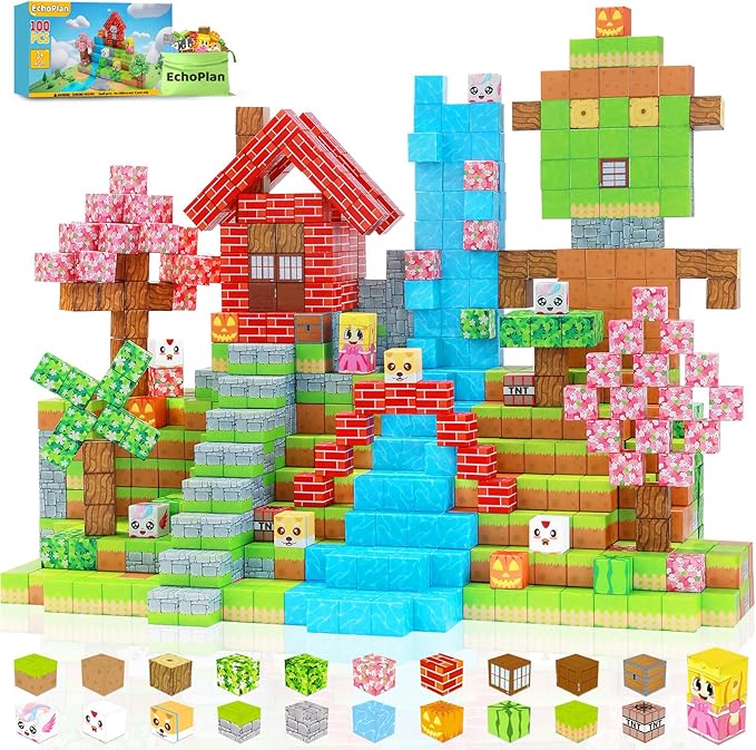 EchoPlan Magnetic Blocks, 100PCS Magnetic Building Blocks to Build a 3D World, Sensory Construction Stacking Magnet Blocks Toy for Kids Ages 3+, Boys and Girls Christmas Birthday Gifts