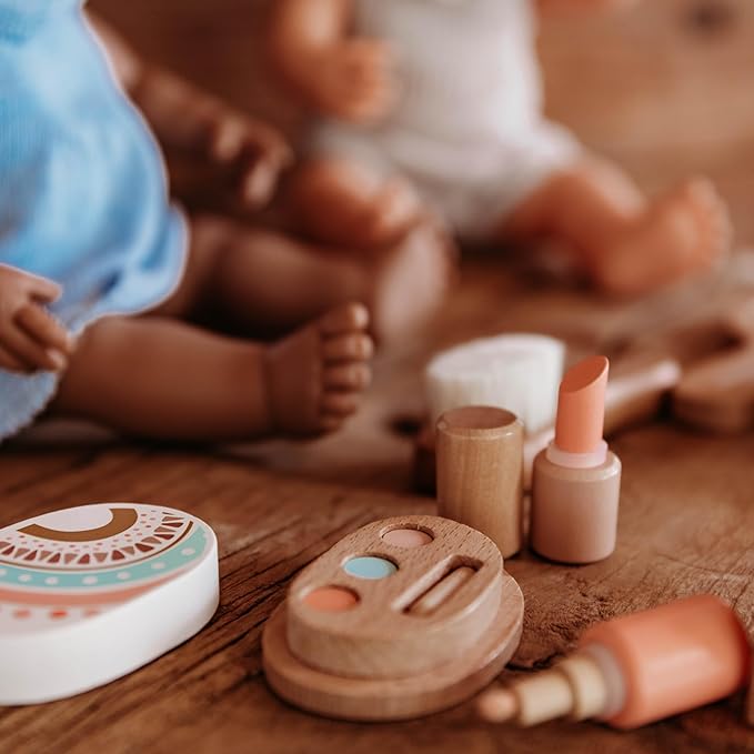 Miniland Doll Wooden Beauty Set - Quality accesory Set with 6 Wooden Pieces and 1 Carry case to Storage for Children from 3 to 6 Years