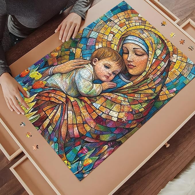 1000 Piece Adult Puzzle, Stained Glass Scene, Religious Design Jigsaw Puzzles Mosaic Art with Letter Markings, Family Impossible Challenge Puzzle, – Home Decor Gift, 50x70cm (19.7x27.56 in)