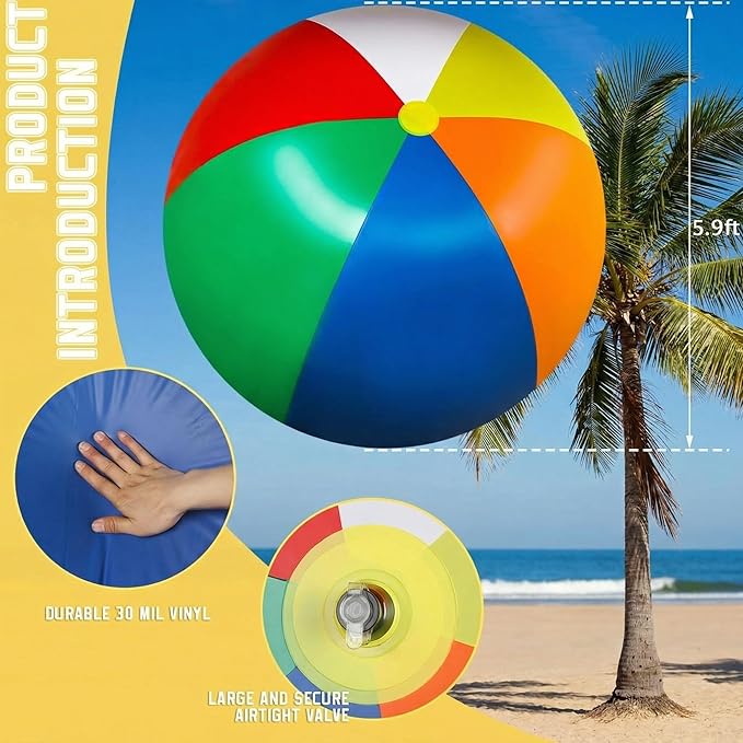 5 ft or 5.9 ft Giant Inflatable Beach Ball Jumbo Rainbow Ball Extra Large Inflatable Toys for Pool Summer Beach Pool Event Party Massive Games