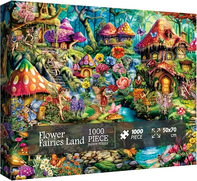 Flower Fairy Puzzle for Adults 1000 Pieces, Funny Mushroom Jigsaw Puzzle, Fantasy Colorful Butterfly Insect Puzzle