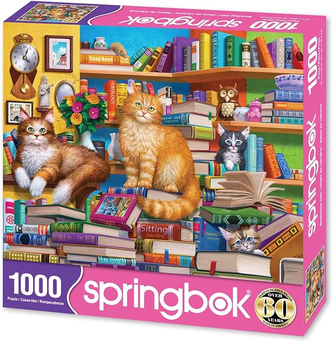 Springbok's Bookshop Cats 1000 Piece Puzzle for Adults Featuring Furry Felines Perched on The Bookshelf. Cat Lovers Will Enjoy This Masterpiece.