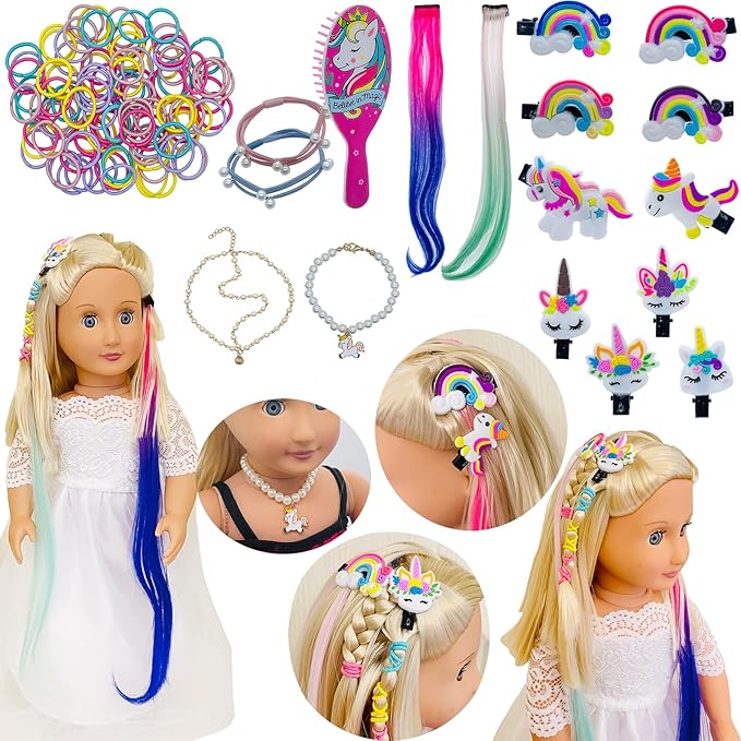 SAIBURAZ 18 inch Doll Hair Accessories for American OG Dolls Hair Brush Rainbown Unicorn Kit Accessories Girl Dolls-Shaped Head Children's Gift（No Doll）