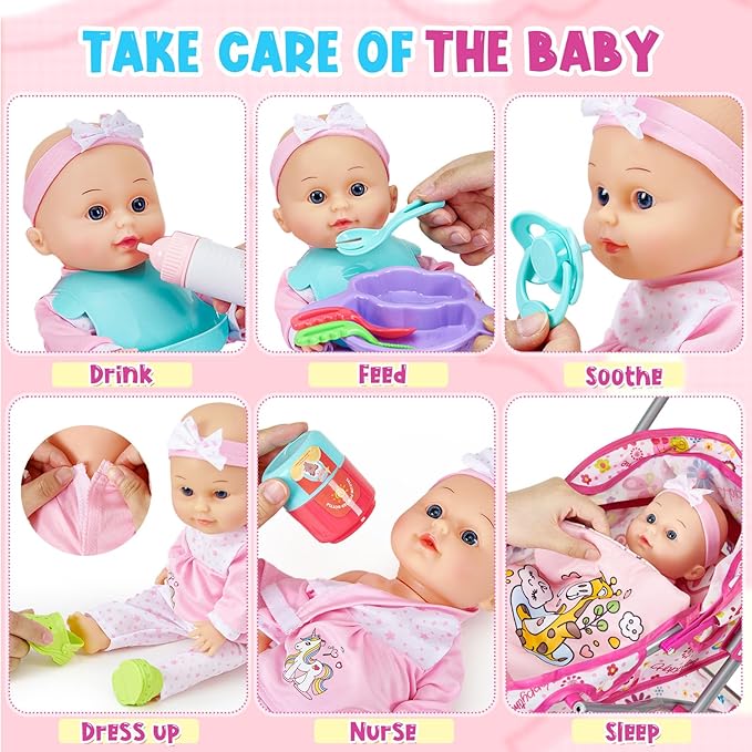 Golray 12 in Baby Doll Toys Set with Stroller for 3 4 5 6 Year Old Girl - 26pcs Babydoll with Accessories Rocking Horse/2 Clothes, Feeding Nursing Pretend Play Toddler Girl Toy Gift 3-5-7