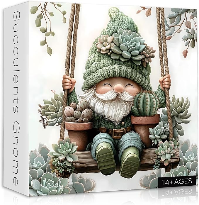Cute Gnome Puzzles for Adults 1000 Piece, Nature Cactus Succulent Plant Themed, Funny Spring Gnome Jigsaw Puzzles Challenging
