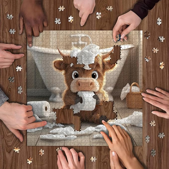 Highland Cow Puzzles for Adults 1000 Pieces,Cute Cow Jigsaw Puzzle, Funny Bathroom Calf Puzzles, Challenging Animal Theme as Wall Decor