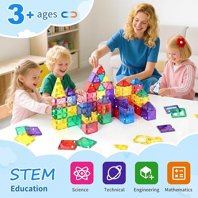 100 Pieces Magnetic Tiles for Kids Ages 4-8, Glitter Magnetic Building Tiles Preschool Learning Magnet Toys, STEM Sensory Magnet Building Blocks for Toddlers 3 4 5 6 7 8+ Year
