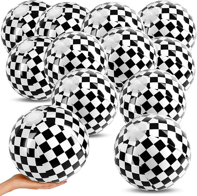 12PCS Race Car Checkered Flag Beach Ball Set–8" Vibrant Black & White Themed Beach Balls for Kids’ Racing Birthday Parties,Summer Pool Games,End of Year Class Decorations,Bulk Party Favors