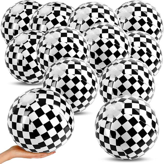 12PCS Race Car Checkered Flag Beach Ball Set–8" Vibrant Black & White Themed Beach Balls for Kids’ Racing Birthday Parties,Summer Pool Games,End of Year Class Decorations,Bulk Party Favors