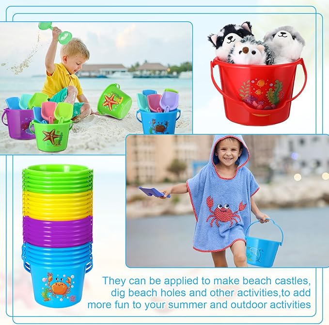 Jerify 30 Pieces Mini Plastic Beach Pail 6.3 Inch Plastic Small Bucket Small Sand Pail Building Beach and Sandbox Toys for Summer Practical Gift Party Favor and Prize(Sea Animal)