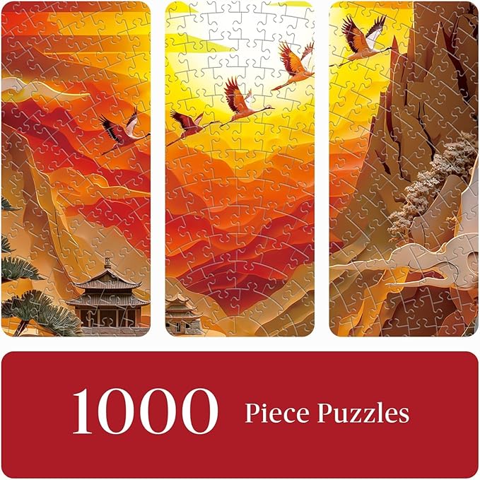 Round Jigsaw Puzzle 1000 Pieces - 3D Paper-Cut Style Golden Sunset - 26.6" Circular Challenge, Oriental Crane Landscape, Mindful Stress Relief Gift