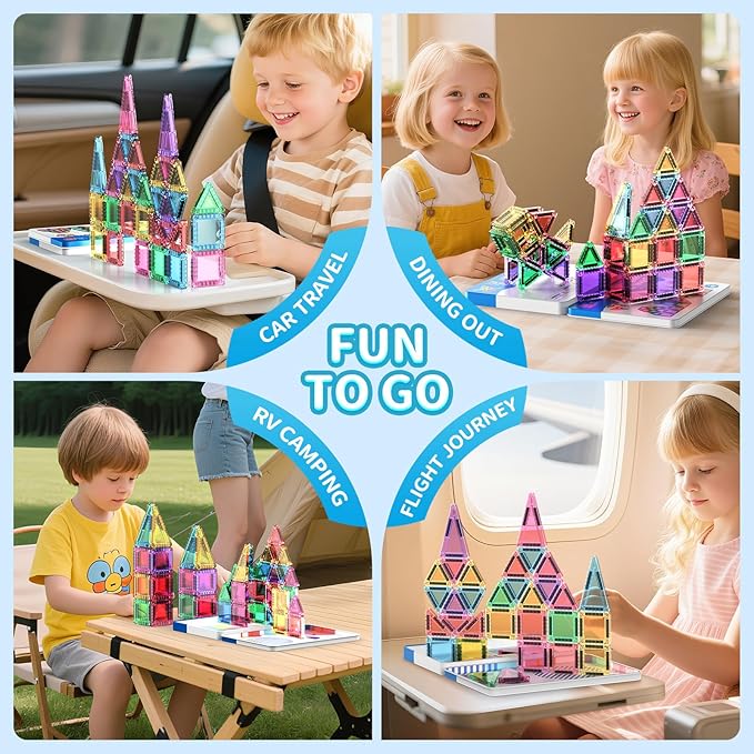 40PCS Mini Magnetic Tiles Travel Set, Portable STEM Building Blocks for Kids with Metal Storage Box, Montessori Sensory Toys for Classroom & Travel, Gift for Boys & Girls
