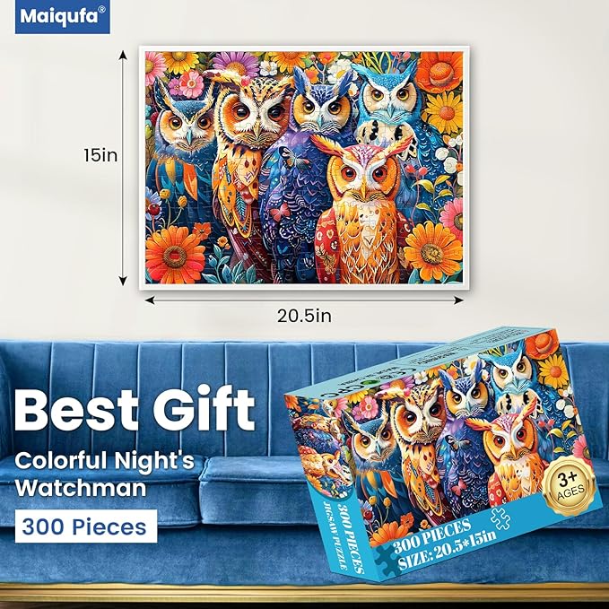 300 Pieces Puzzle for Adults | Colorful Owls Large Piece Puzzle | Recycled Cardboard Jigsaw Puzzles 300 Pieces | Challenging Game Home Decor Birthday Party Gift Toy for Adults Kids Seniors 20.5*15 in