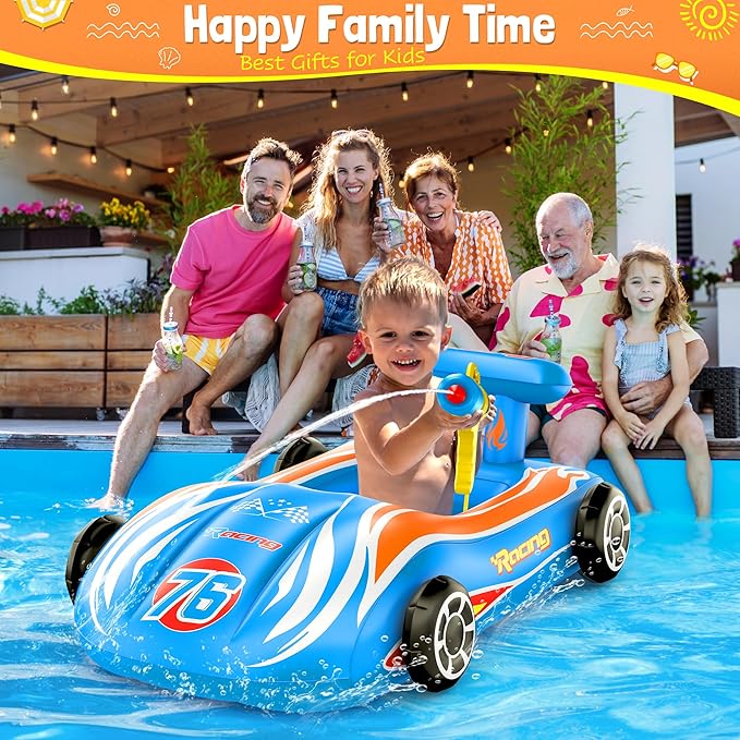 ZIZZ Pool Floats Kids Toys with Water Gun - Inflatable Ride-on Pool Toys for Kids Ages 4-8 Race Car Toddlers Pool Float Summer Outdoor Swimming Pool Toys Games for Boys Girls Fun Summer Water Toys