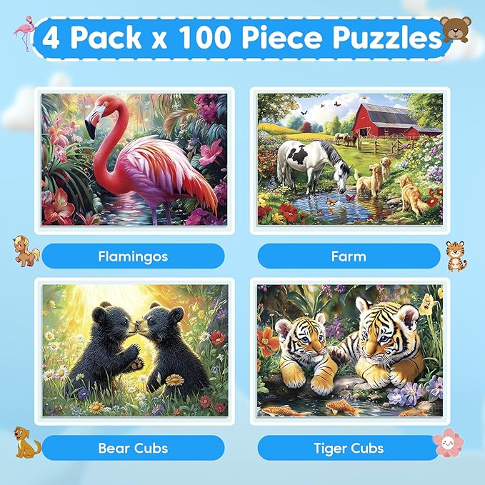 4-Pack 100 Piece Puzzles for Kids Ages 4-6 6-8 Year Old - Tigers Bears Farm Flamingos, Jigsaw Puzzles for Kids Ages 8-10, Learning Educational Children Puzzles 5-8 for Boys and Girls
