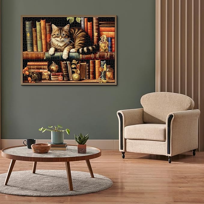 Vintage Cat Puzzles for Adults 1000 Pieces, Funny Kitten Book Jigsaw Puzzles, Retro Cat Bookshelf Animal Puzzle as Kitty Decor