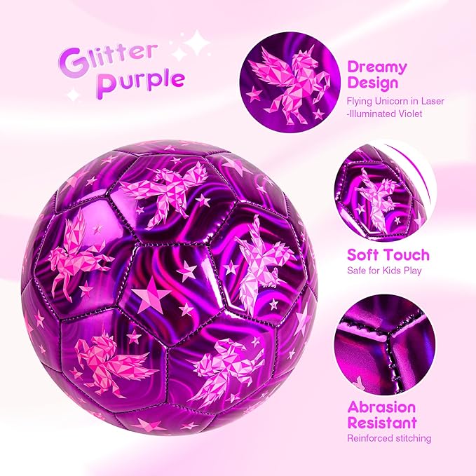 Soccer Ball Size 2 Size 3 Size 4 For Toddlers Kids Ages 1-3 3-8 8-12 - Glitter Unicorn Dinosaur Design - Sports & Outdoors Ball with Pump Deflated - Gift for Girls Boys Children Youth School Birthday