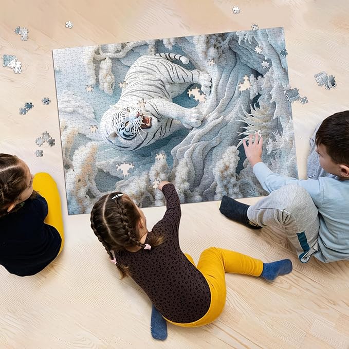 White Tiger Puzzles 1000 Pieces for Adults, Nature Forest Wild Animals Jigsaw Puzzles, Snowy Tiger Paper Cut Puzzle as Home Wall Art