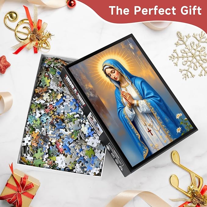 Blessed Virgin Mary 1000 Piece Jigsaw Puzzle for Adults - Inspirational Religious Scene with Halo & Rosary, Poster & Lettered Back, 20"x28" Vertical HD Quality, Unique Gift for Believers