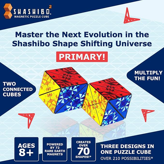 Shashibo Squared Shape Shifting Box - STEM Fidget Toy with Ultra Strong Magnets - Sensory Puzzle Cube Transforms Into 100+ Shapes, Easter Basket Stuffers Gift for Kids, Teens, and Adults (Primary)