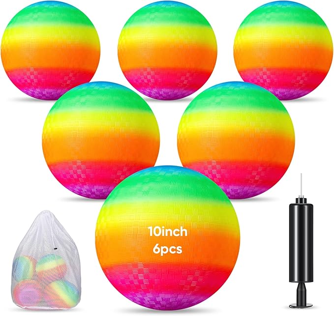 Hanaive 6 Pcs Kickballs 10 Inch Playground Ball Rubber Inflatable Dodgeball with Pump and Storage Bag Bouncy Kickball for Adults Sports Outdoor Activities(Rainbow)