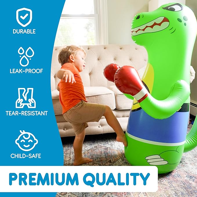 47" Inflatable Dinosaur Punching Bag for Kids - Durable Blow Up Kids Punching Bag with Bounce Back Base - Inflatable Indoor Outdoor Active Toddler Bop Play Toy