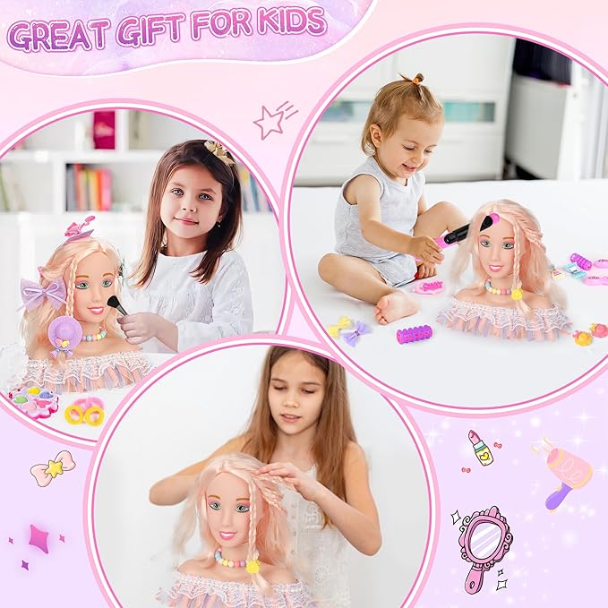 39PCS Hair Styling Doll Head Makeup Kit for Girls,Pretend Play Hair Styling Set,with Hairdryer Curling Iron Crown Hairpins Accessories Kit Birthday Gifts for 3 4 5 6+ Years Old Toy