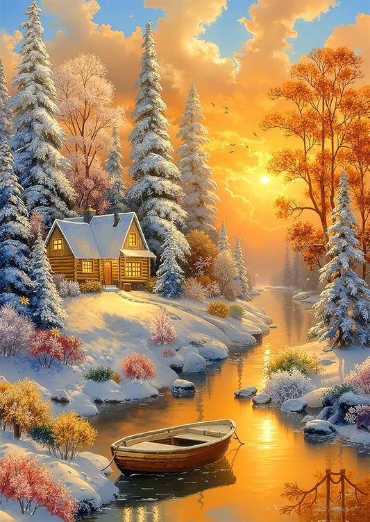 Winter Cabin 1000 Piece Puzzle for Adults - Snowy Forest & River Boat Art, Poster & Lettered Back, 20"x28" HD, Gift for Winter & Nature Lovers