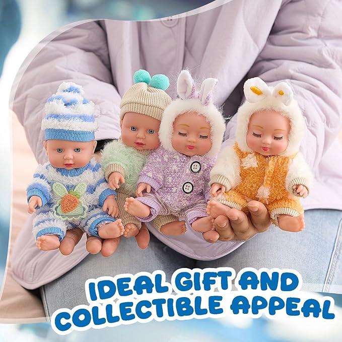 Halloscume 7 Inch Mini Baby Mini Reborn Doll Vinyl Full Body Lifelike Dolls Baby with Weighted Cloth Reborn Gift Set for Kids, Gifts for Christmas Kids(4 Pcs,Winter)