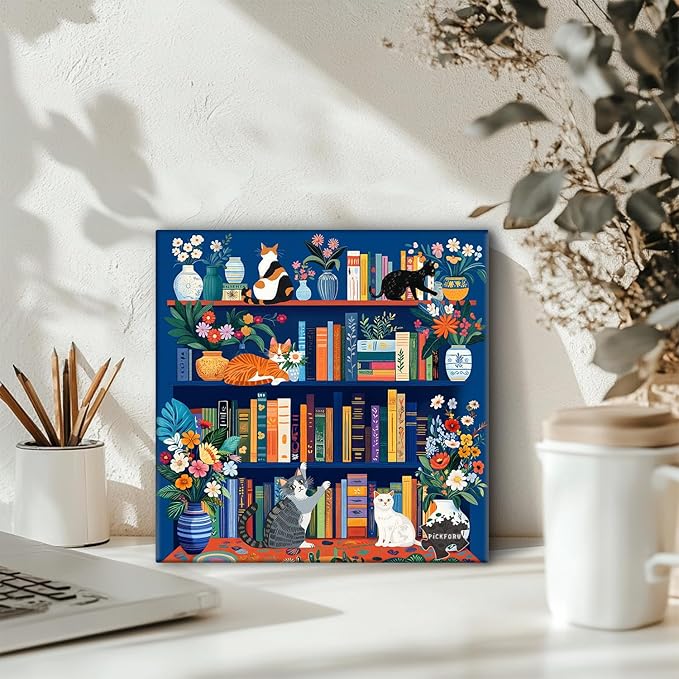 Cat Book Puzzles for Adults 1000 Pieces, PICKFORU Wildflower Pages Jigsaw Puzzle Bookshelf Library, Impossible Hard Floral Vase Theme for Book Lover