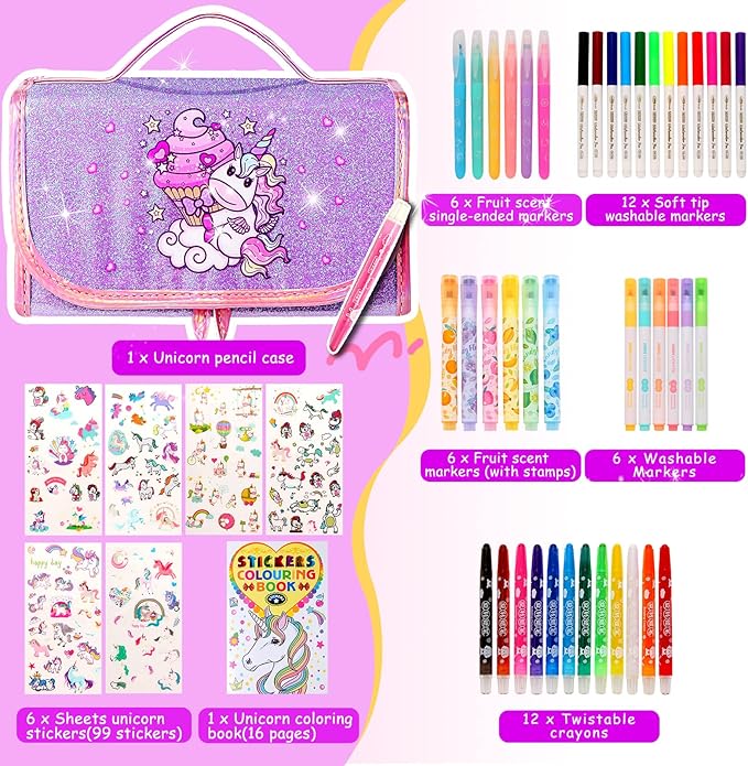 CzoyJoyz 50 Pcs Fruit Scented Washable Markers Set for Girls 4-8, Unicorn Coloring Markers Art Set and School Supplies Birthday Gifts Toys for 4 5 6 7 8 Year Old Girls (Purple)