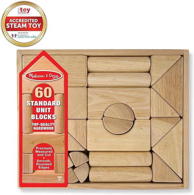 Melissa & Doug Standard Unit Solid-Wood Building Blocks with Wooden Storage Tray, 60-Piece Hardwood Sorting & Stacking Toys for Building & Balancing, Preschool Learning Toys for Kids Ages 3+