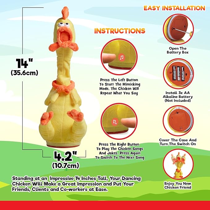 Gagster Rubber Chicken Dancing Toy - Mimicking Toy for Kids - that Repeats What You Say & Tells Jokes, Singing & Talking, Electronic Yodeling for Anyone Who Loves Talking and Funny Gag Gifts