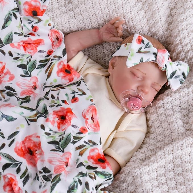 Aori Reborn Baby Dolls Clothes Newborn Receiveing Blanket with Floral Hat and Headband Set Nursery Swaddle Wrap for 17-20 inch Reborn Dolls