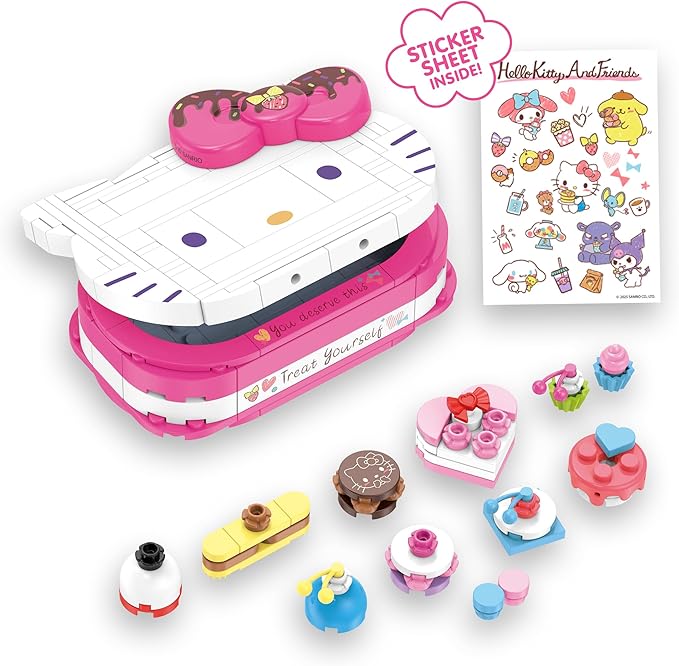 Brickcraft Hello Kitty Dessert Box Building Kit (184-Piece Set), Sanrio Buildable Sweets Set with Chocolate Bow Lid, Decorative Stickers, Gift for Fans Ages 12+