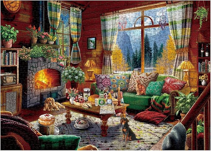 Cozy Cabin Winter Scene Puzzle 1000 Piece for Adults, Book Cozytime Jigsaw Puzzle Coffee Table, Dog Cat Puzzle