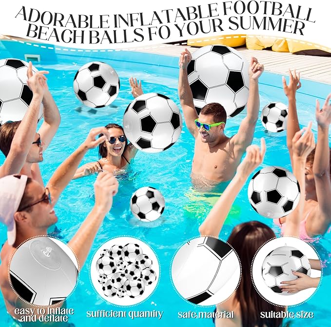Sratte 20 Pcs Inflatable Beach Balls Bulk, Multiple Sizes Summer Swimming Pool Balls for Adults Hawaii Luau Party Supplies(Black White,Soccer)