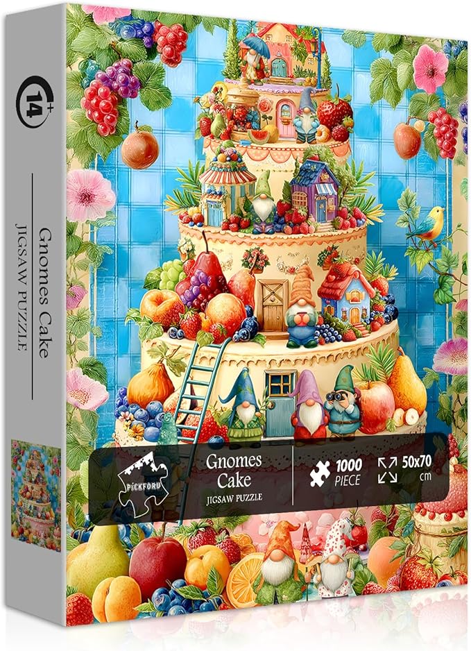 Funny Gnome Puzzles for Adults 1000 Pieces, Cute Gnomes Cake Food Fruit Flower Puzzle, Colorful Floral Challenge Jigsaw Puzzle